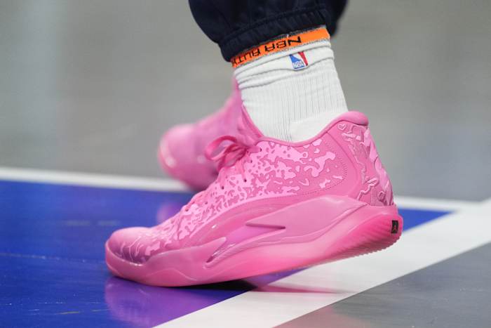 New Orleans Pelicans forward Zion Williamson's pink Jordan Brand sneakers.